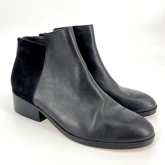 Cole Haan Elion Black Leather Boots Suede Back Zipper Size 10 Booties Block Heel - Picture 1 of 7